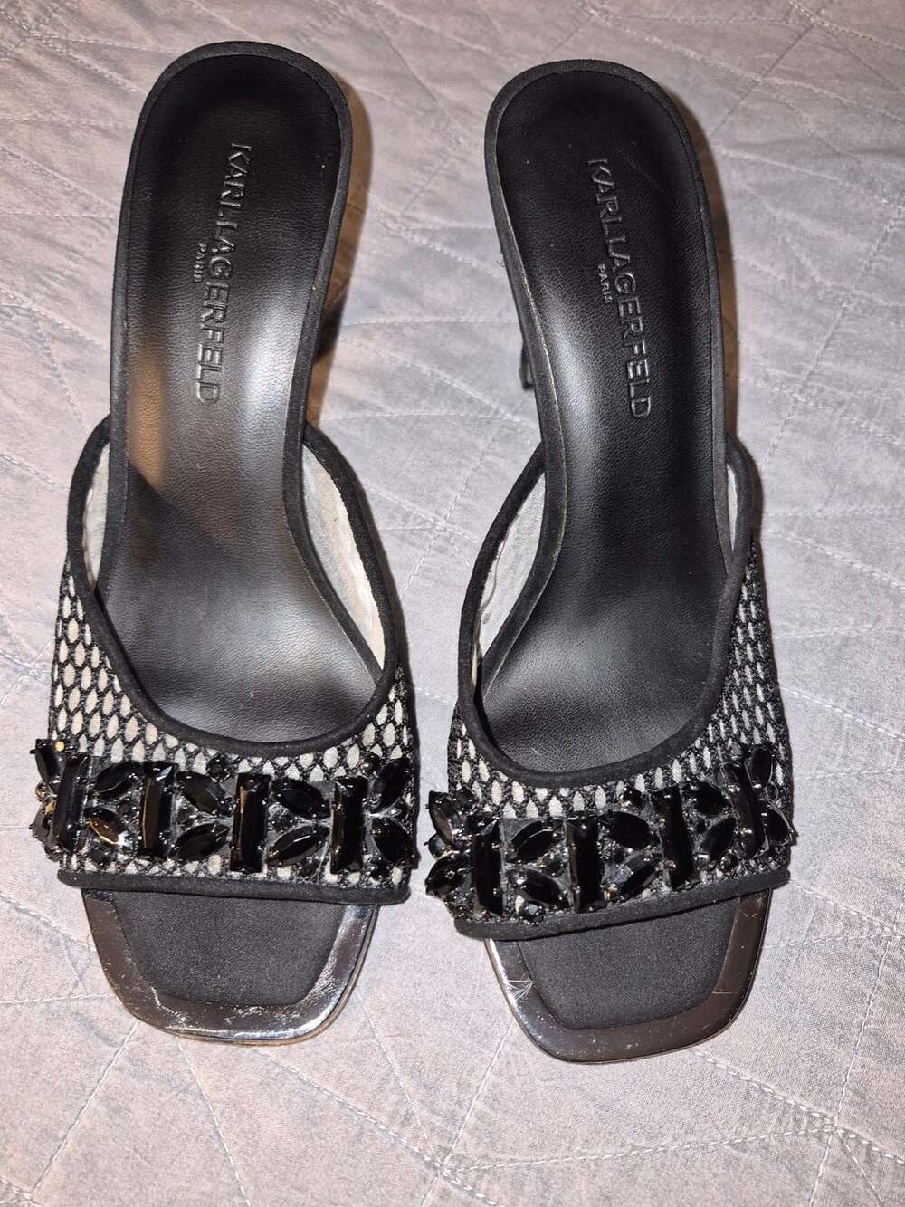 Karl Lagerfeld Paris Mesh Embellished Heeled Mules Black